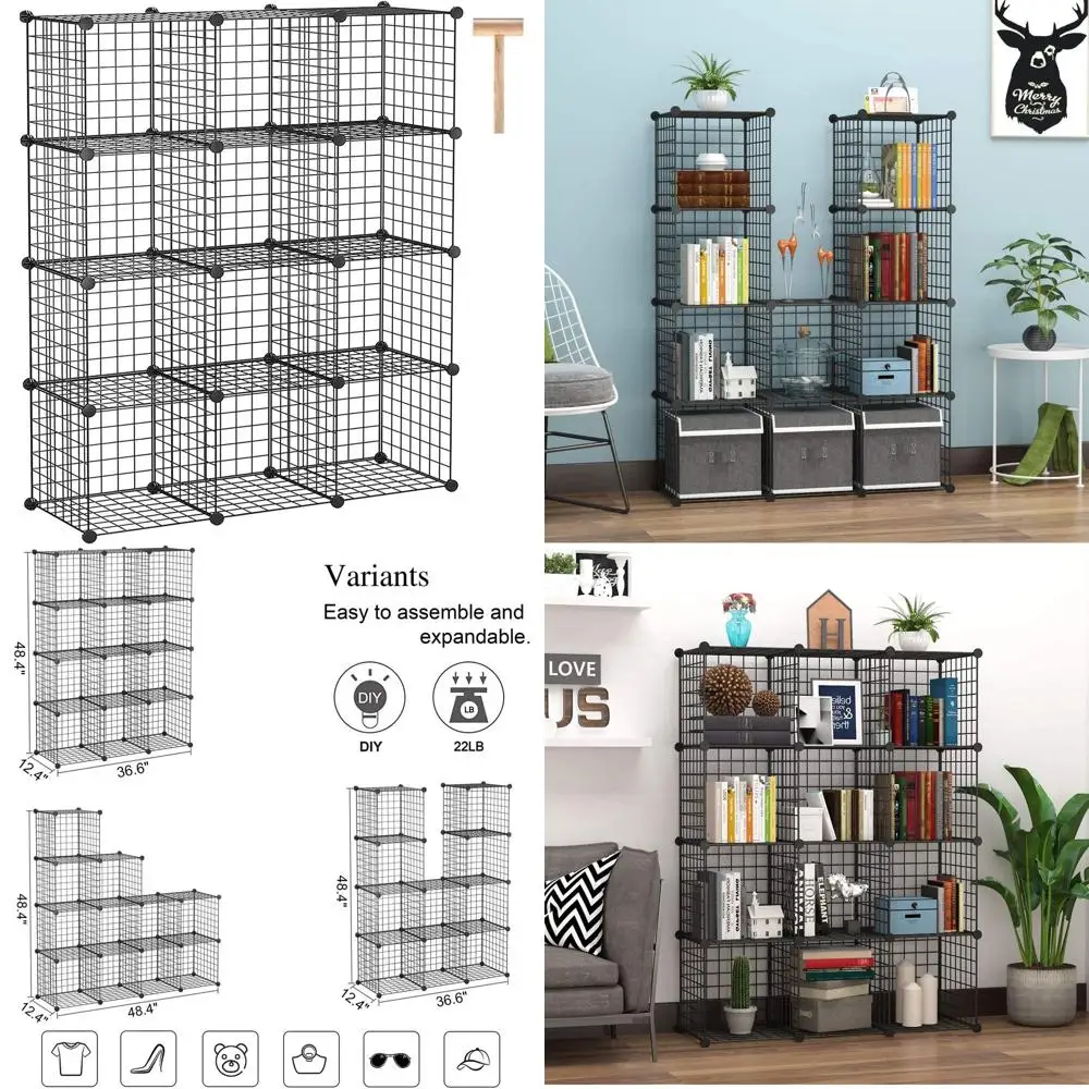 

Black Metal 12-Cube Organizer with Modular Shelves, Ideal for Bedroom and Office, 36.6L x 12.4W x 48.4H