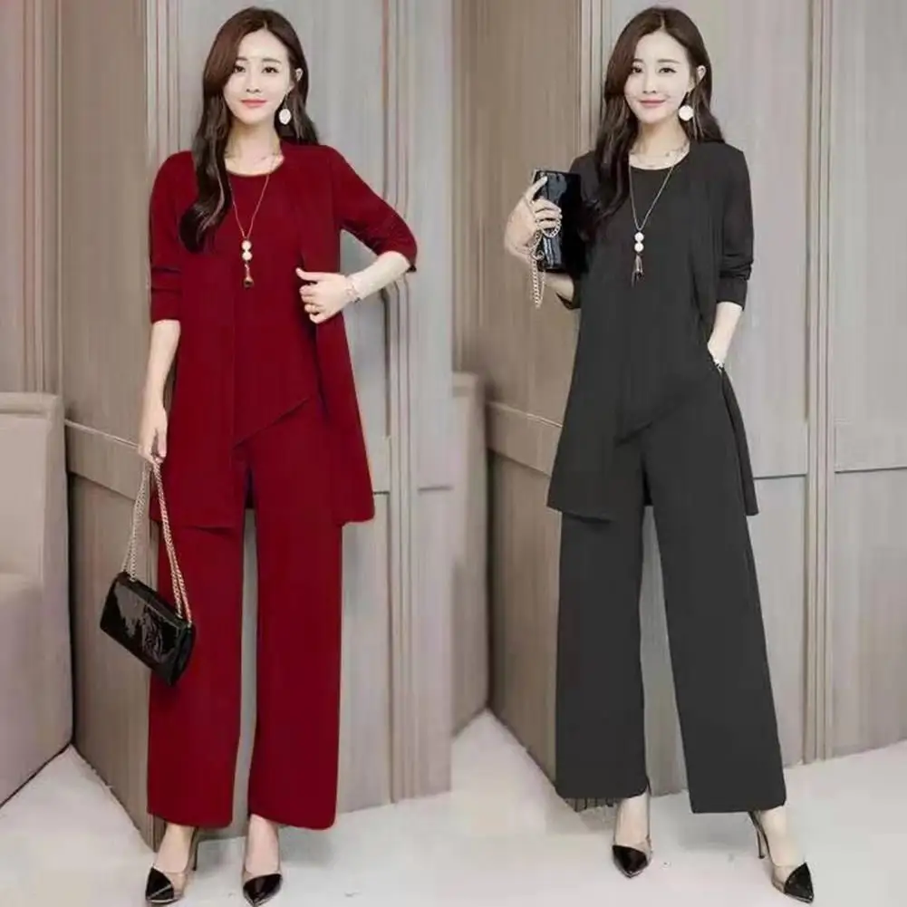 3Pcs/Set Fashion Elegant Outfit Comfortable Loose Outfit O-neck Tank Tops Wide Leg Pants Mid-length Coat Set Dressing Up
