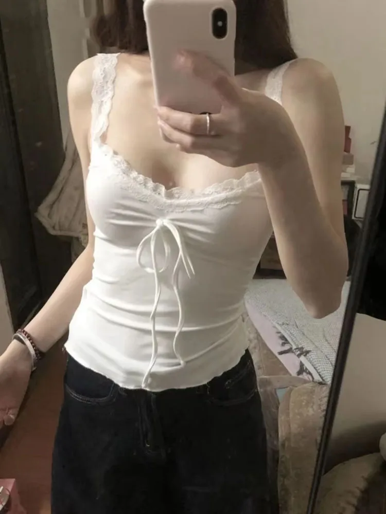 Crop Tank Tops Women Lace Patchwork Bandage Slim Sexy Summer Fashion Camisole Ladies Party Clubwear Casual