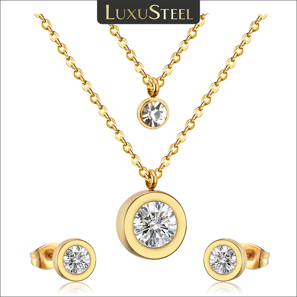 LUXUSTEEL Cubic Zirconia Jewelry Sets Stainless Steel Double Round Pendant Necklace Earring Sets Female Chain Jewelry Bijoux