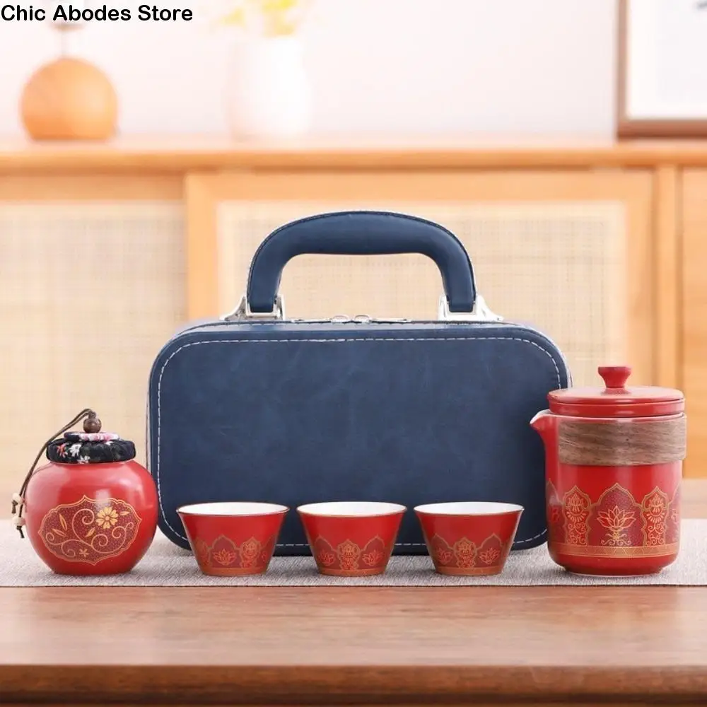 

Ceramic Travel Tea Set with Proctive Box with Canister Tea Gift Set Portable Chinese Style Porcelain Teaware Business Gift
