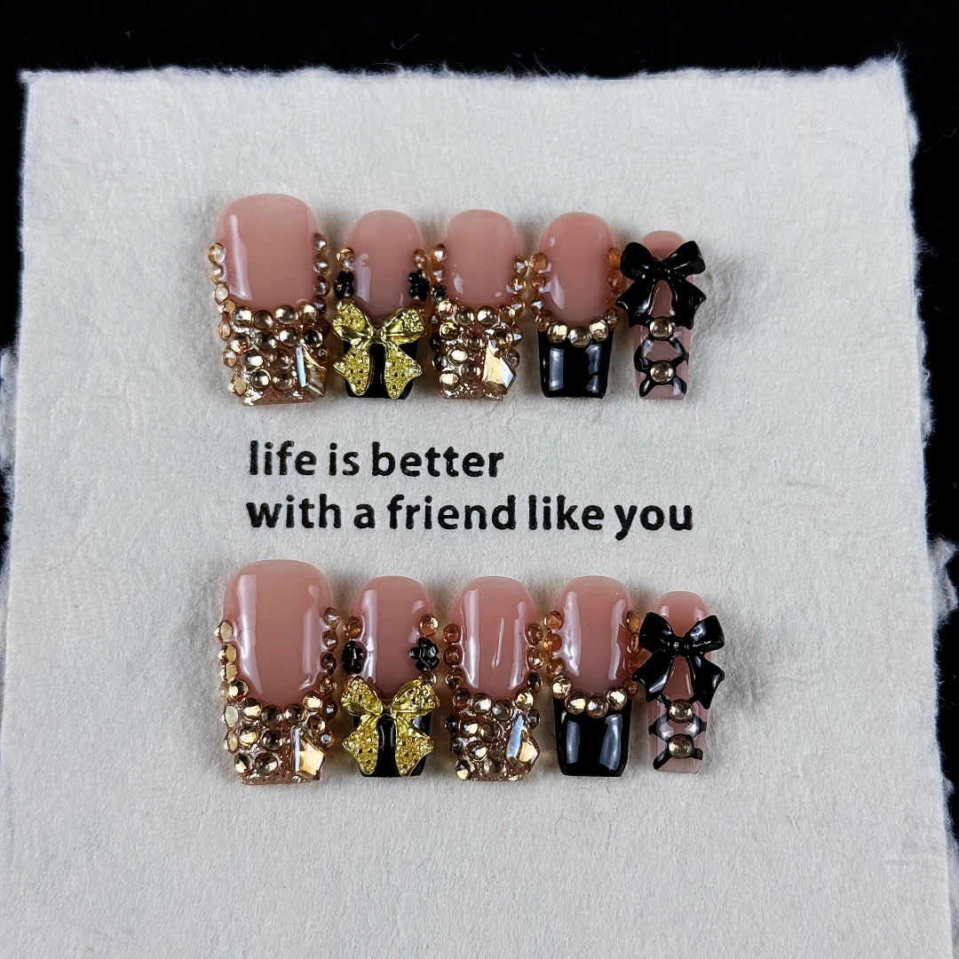 10pcs high-end Luxurious style model, hand-painted three-dimensional bowknot, dazzling golden full diamonds handmade fake nails
