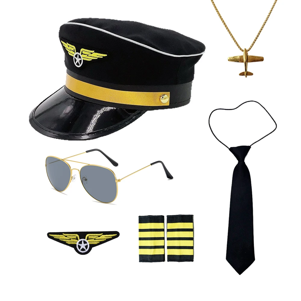 Verstelbare pilotenhoed voor kinderen Festivalfeest Rollenspel Kapiteinhoed Bril Stropdas Badge Cosplay Accessoires Set Rekwisieten
