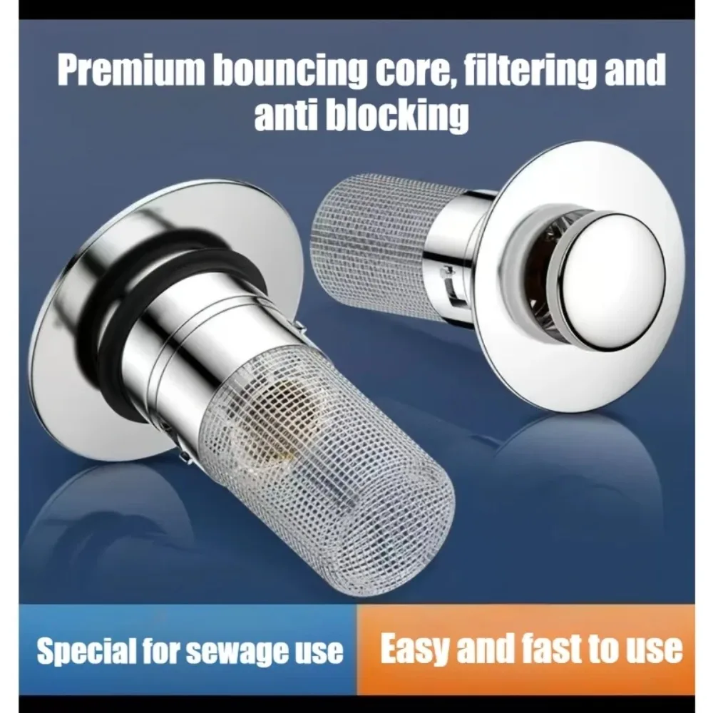 Stainless steel filter screen washbasin leak proof plug, copper core bounce valve, suitable for bathroom kitchen sink drain pipe