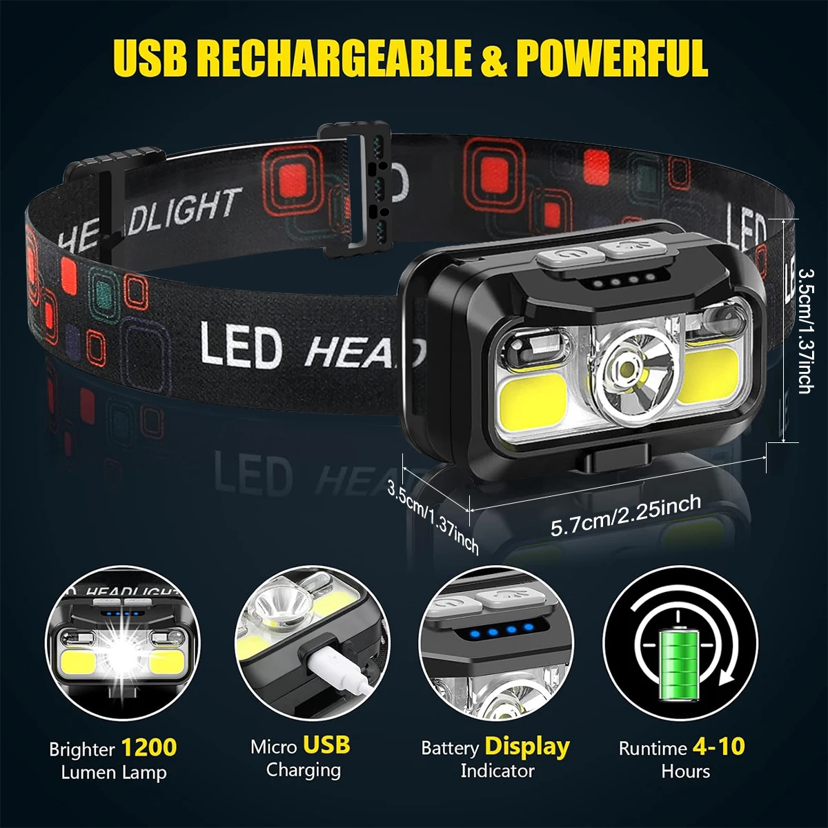 Rechargeable Headlamp 1200 Lumen Super Bright Motion Sensor Head Lamp Flashlight Waterproof LED Headlight with White Red Light