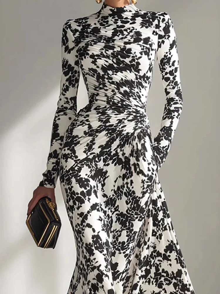 

Весенне-осеннее платье с круглым вырезом и драпировкой для вечеринок, женское модное платье макси с длинным рукавом 2026, повседневное простое женское платье с лоскутным принтом