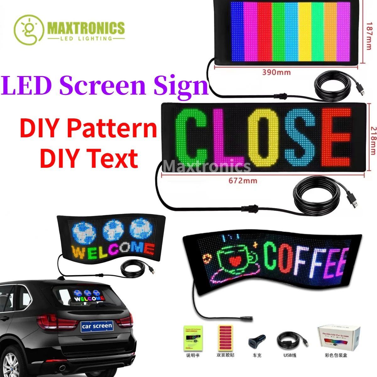 

LED Screen Sign RGB Foldable DIY Scrolling Message APP controls Flexible Led Panel Car Rear Window Store Advertising LED Display