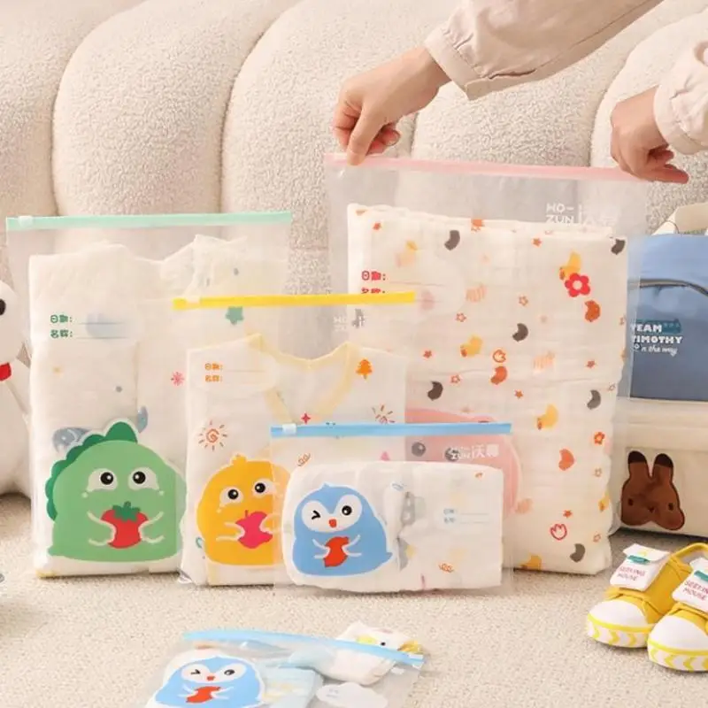 {V} 5 Pcs Cute Cartoon Baby Clothing Storage Bags With Waterproof Resealable Zipper And Writable Label For Organizing Baby Items