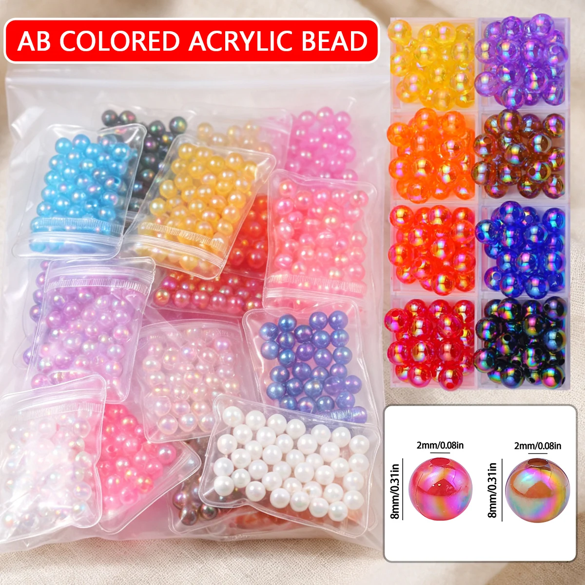 20 Colors 8mm 1000Pcs Set Acrylic Loose Beads Iridescent Round for Jewelry Making Bracelet Necklace Keychain DIY Accessories