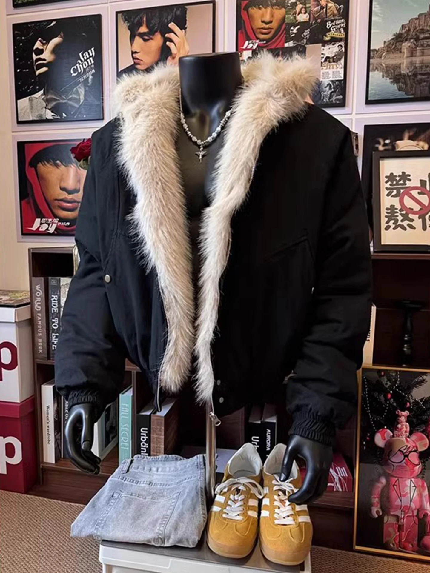 

American Retro Hooded ort Thiened Cotton Jaet Men's Winter Warm Cleanfit Coat Polyester Fiber Loose Fit Multi kets