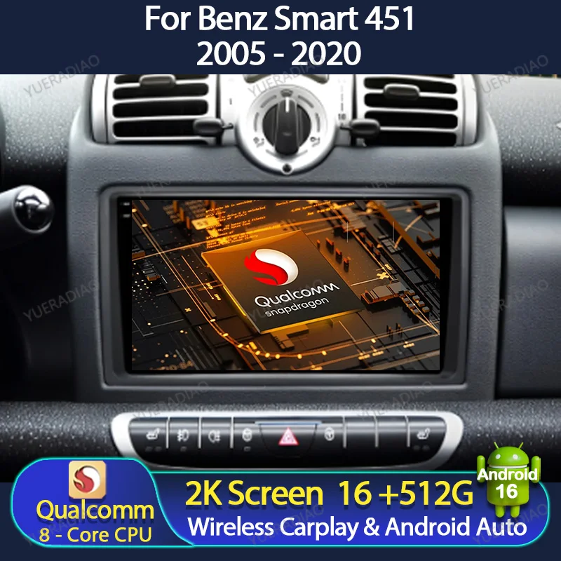 Android 16 Car Radio For Benz Smart Fortwo 451 2005 - 2010 Multimedia Video Player NAVI GPS Carplay Auto 4G WIFI Head Unit QLED