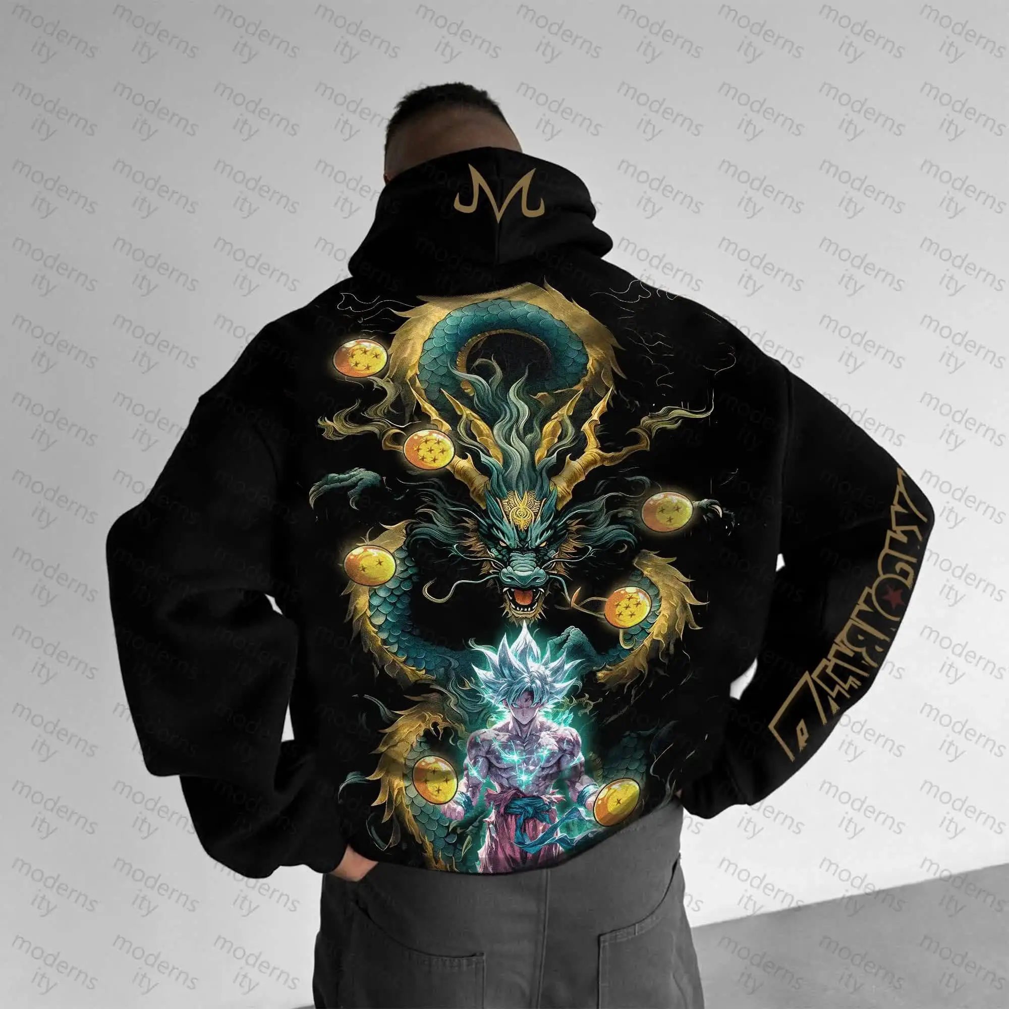 เสื้อฮู้ดดราก้อนบอล Z โกคูแบล็ค สำหรับผู้ชายและผู้หญิง พิมพ์ลายตัวละครอนิเมะ พร้อมลายเจ็ดเม็ดมังกรด้านหลังและโลโก้แขนเสื้อ