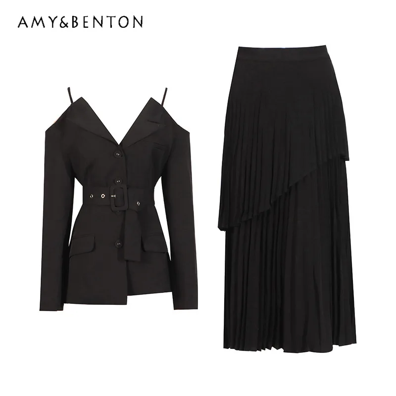 

2026 Spring Autumn New Off-the-shoulder Women's Sling Suit Top High Waist Pleated Irregular Long Skirt Simple Style Sets Ladies