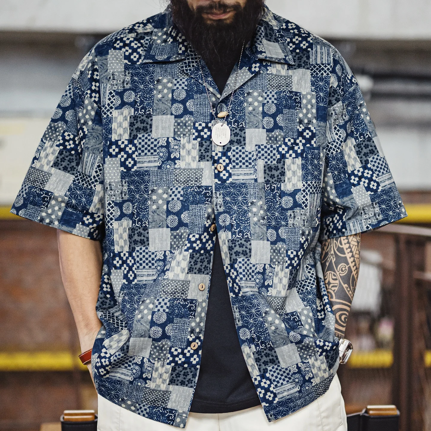 Maden Men's Cotton Printed Short Sleeve Shirt Boro Patchwork Casual Button Up Overshirt Lightweight Breathable Summer Outerwear