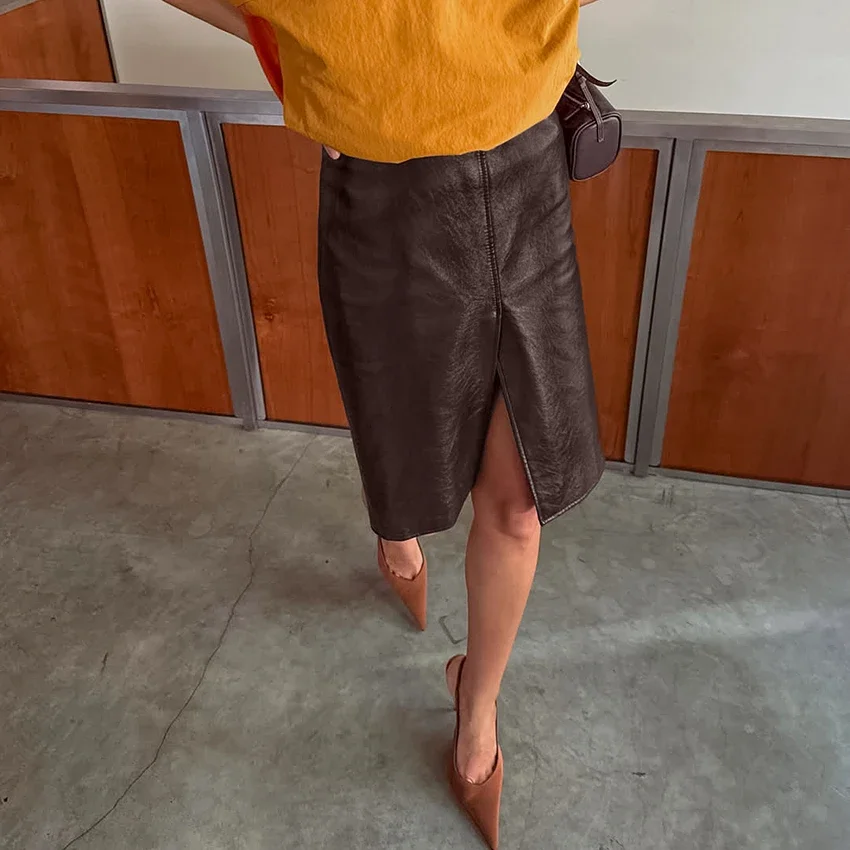 Street Chic Brown PU Split Skirts Women 2026 Fashion Slim High Waist Straight Skirts Casual Knee Length Skirt Female Fall