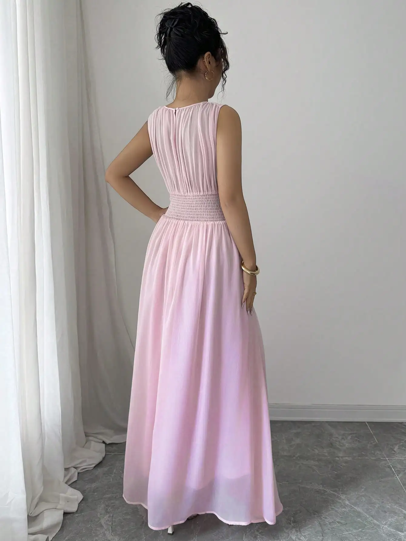 여성용 롱 쉬폰 맥시 드레스, 허리끈 디자인, 우아한 프렌치 로맨틱 빈티지 스타일, 캐주얼에 적합