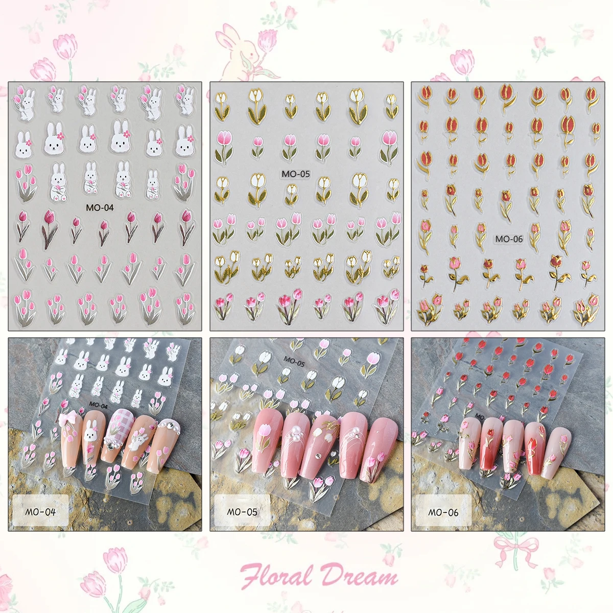 3 to 12 Sheets 5D Tulip Flower Bunny Gold Accent Embossed Self-Adhesive Kawaii Spring Floral DIY Manicure Nail Art Stickers