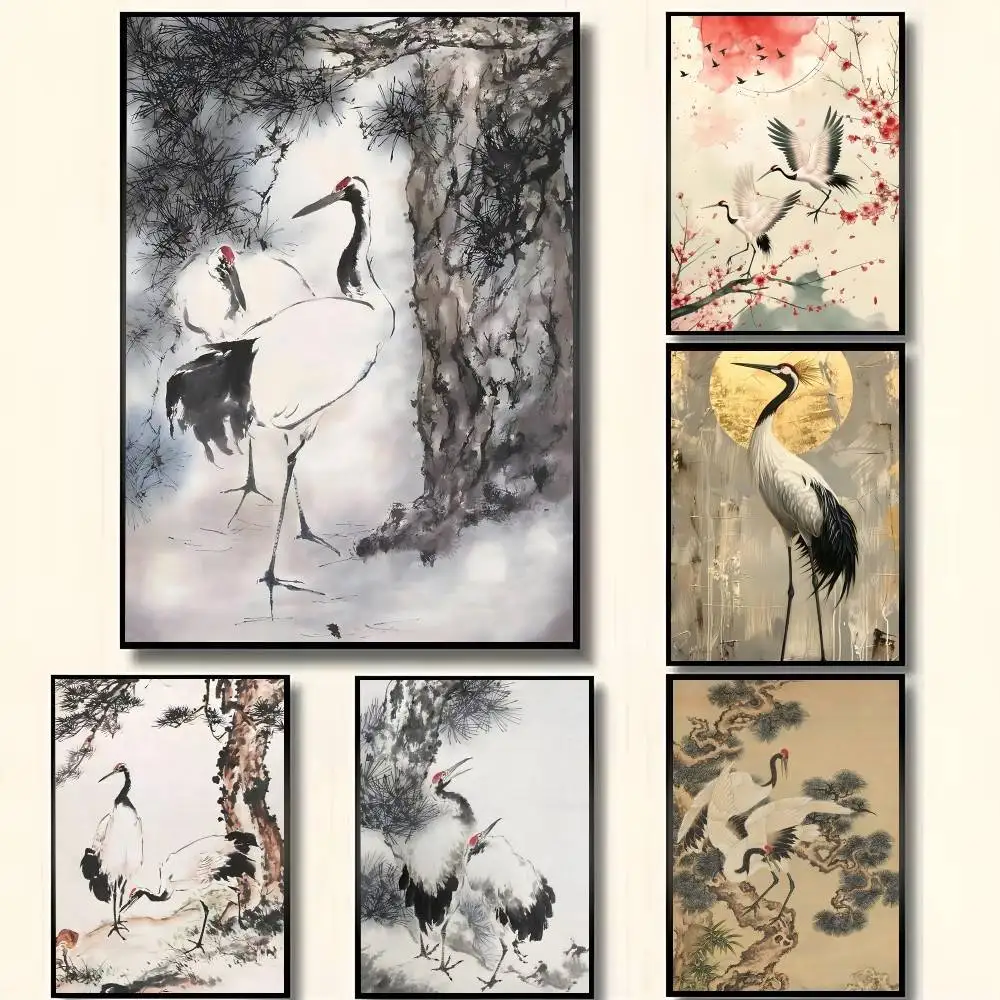 Cartoon Drawing Red Crowned Crane Posters High Quality Self-adhesive Wall Art Decorations Color Prints Sticky
