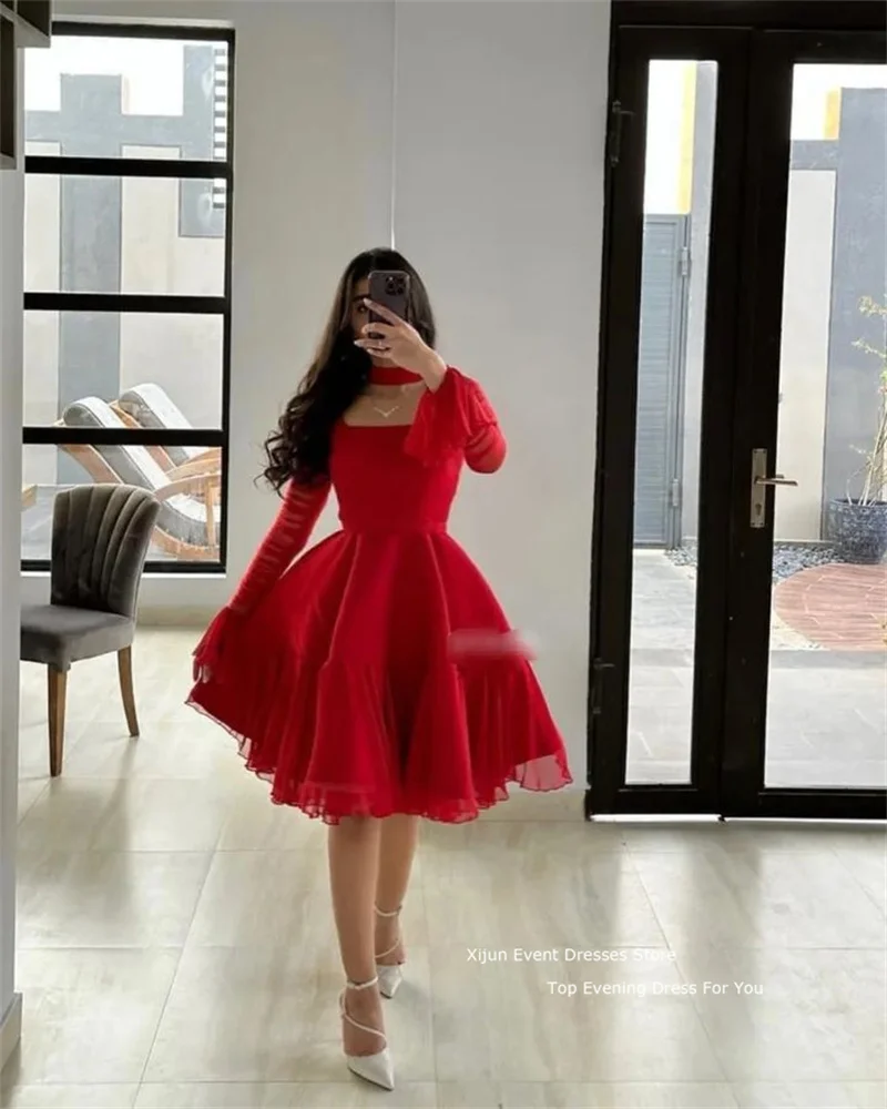 Xijun Red Short Prom Dresses Long Sleeves A-Line Evening Dresses Ankle Length Prom Gowns Saudi Arabric Women Robe De Soirée