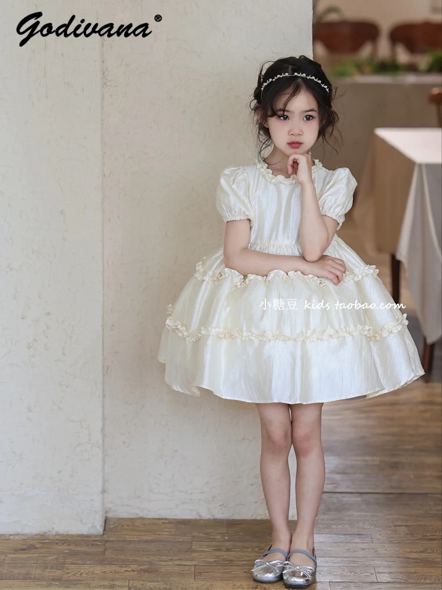 Sweet Baby Girls High End Ruffle Trim Short Sleeve Dress 2026 Summer New Korean Fashion Bubble Sleeve High Waist Princess Gown