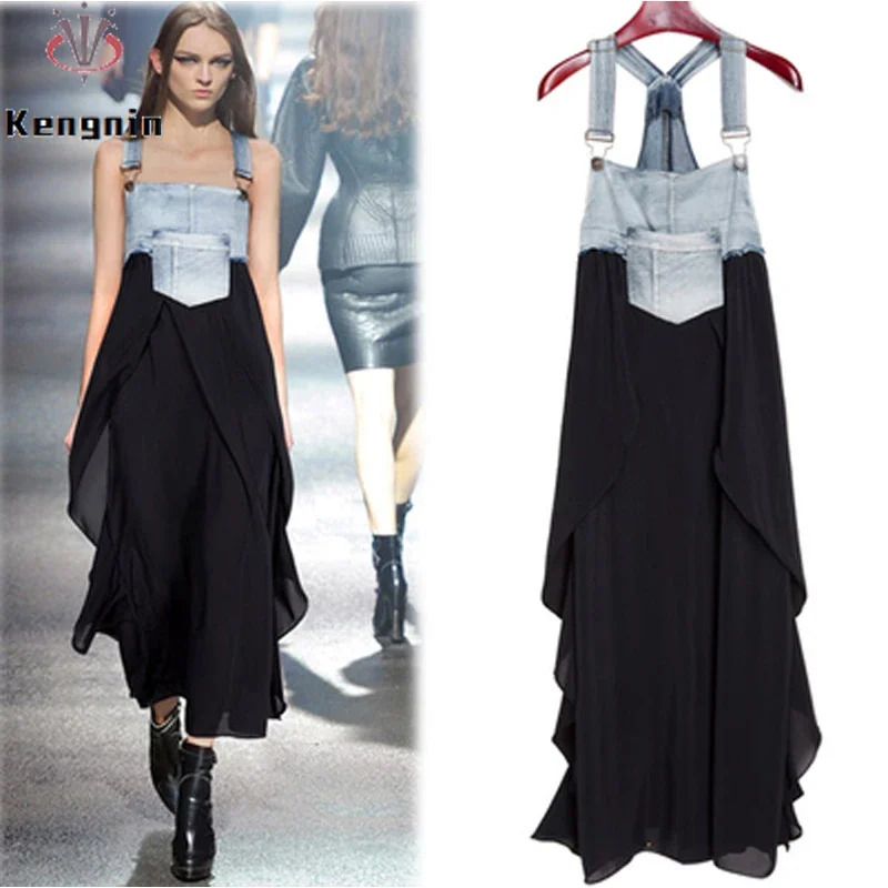 2024 Summer New Elegant Women's Dress Loose Denim Patchwork Chiffon Overalls Sexy Suspender Dress Spaghetti Strap Robe KE903