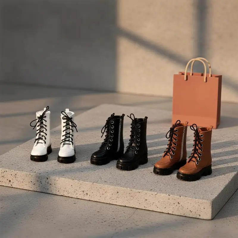 1 Pair 1/12 Doll High Ankle Boots Lace Up Side Zipper Thick Sole Mini Shoes