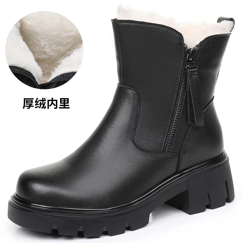 

ZXRYXGS 2025 Winter Soft Cowhide Nubuck Leather Plush Warm Snow Boots Big Size Thick Mid Heel Boots Fashion Women Cotton Boots