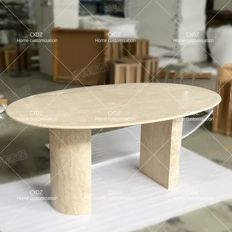 Modern simple travertine oval dining table model room villa high-end natural marble dining table