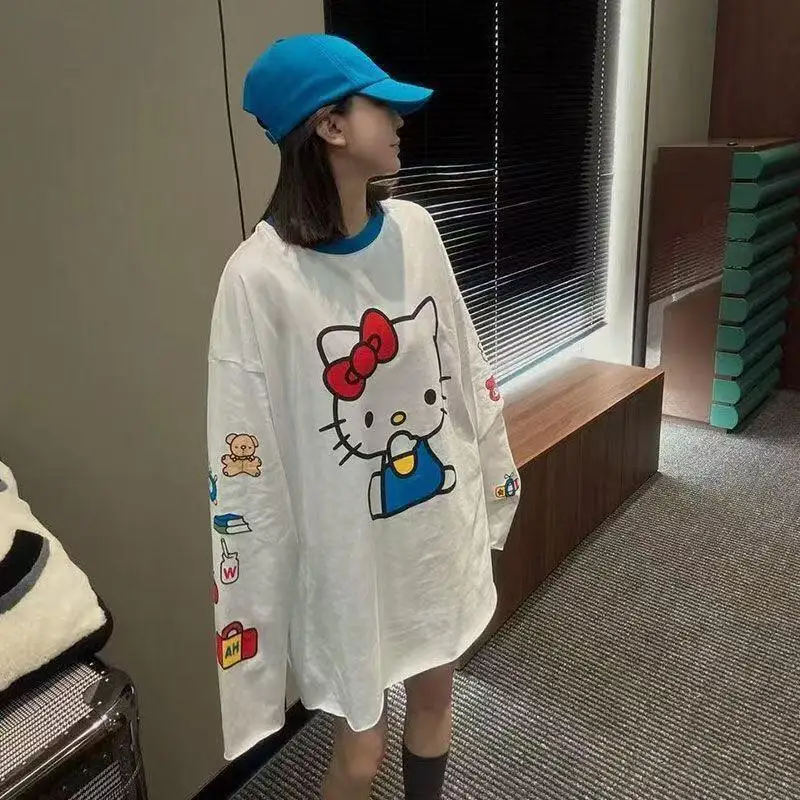Long-Sleeved Hello Kitty Summer New Style Cartoon Cute Printed T-Shirt for Women Popular Loose Sun Protection Clothing Thin Tops view 3