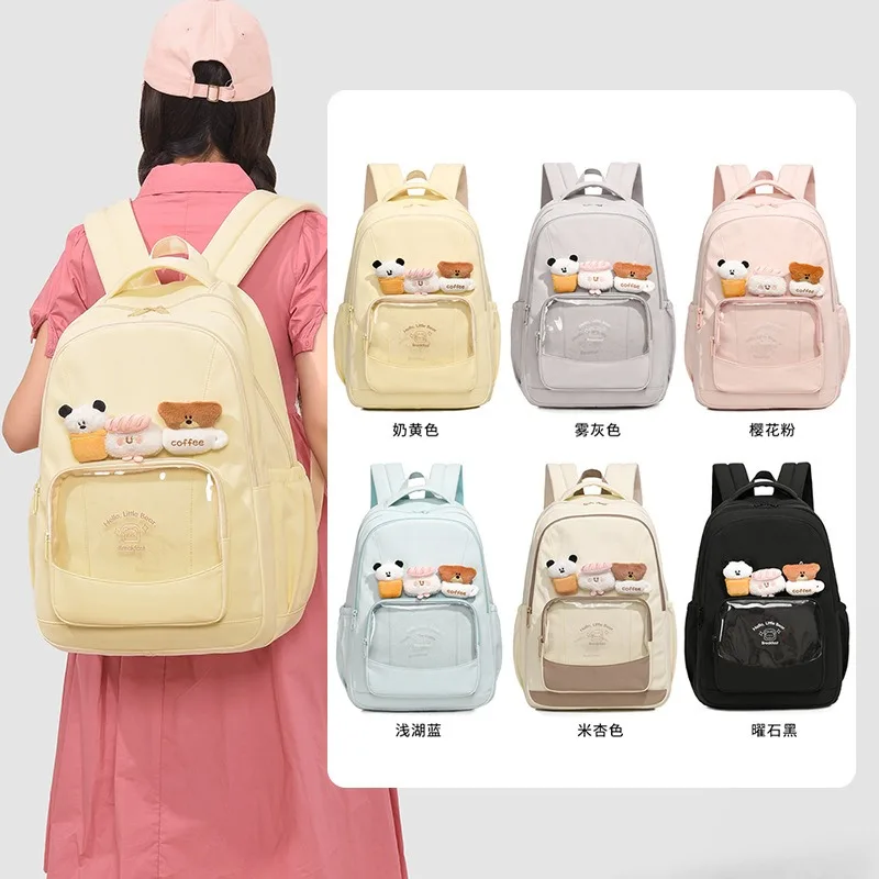 Solid-Color Cute Nylon Backpack Teen Girls Students School Bags Clear Pockets Pain Bag Outings Casual Waterproof Travel Rucksack