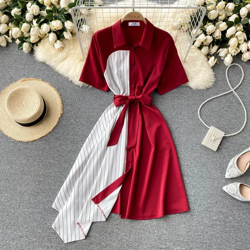 Summer Short Sleeve Shirt Dress Women Irregular Asymmetry Design Patchwork Stitching Stripe Shirt Dress Elegant Office Dress