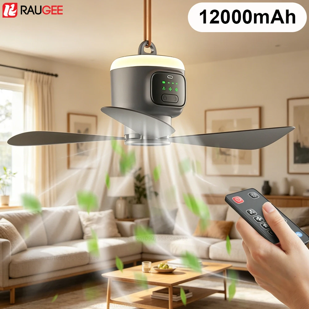 Portable Ceiling Fan 12000mAh Rechargeable Wireless Tent Fan with Remote Control 4 Speeds Night Light Timer for Camping Bedroom