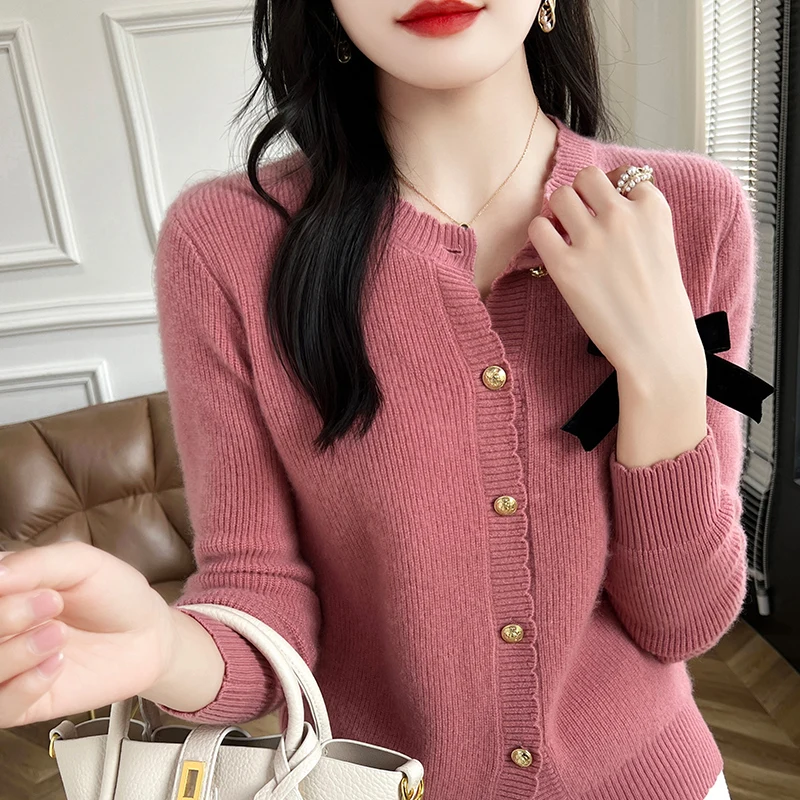 

Basic Fashion Women Solid Color 100% Merino Wool Sweater Cashmere Cardigan Soft Long Sleeves Warm Casual Comfort Clothing Top