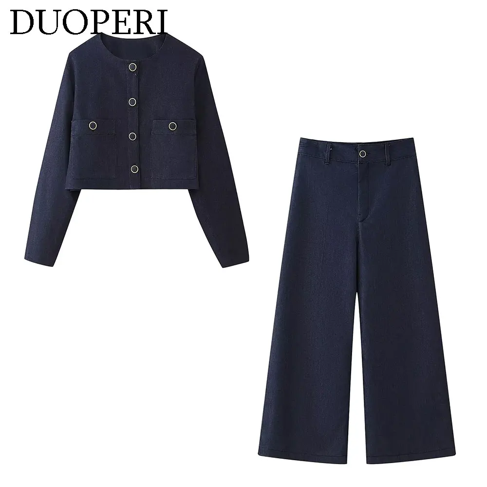 DUOPERI Women 2 Pieces Sets Croppped Jacket and Trousers Female and Chic Lady Short Streetwear Outfits Pant Coordinates