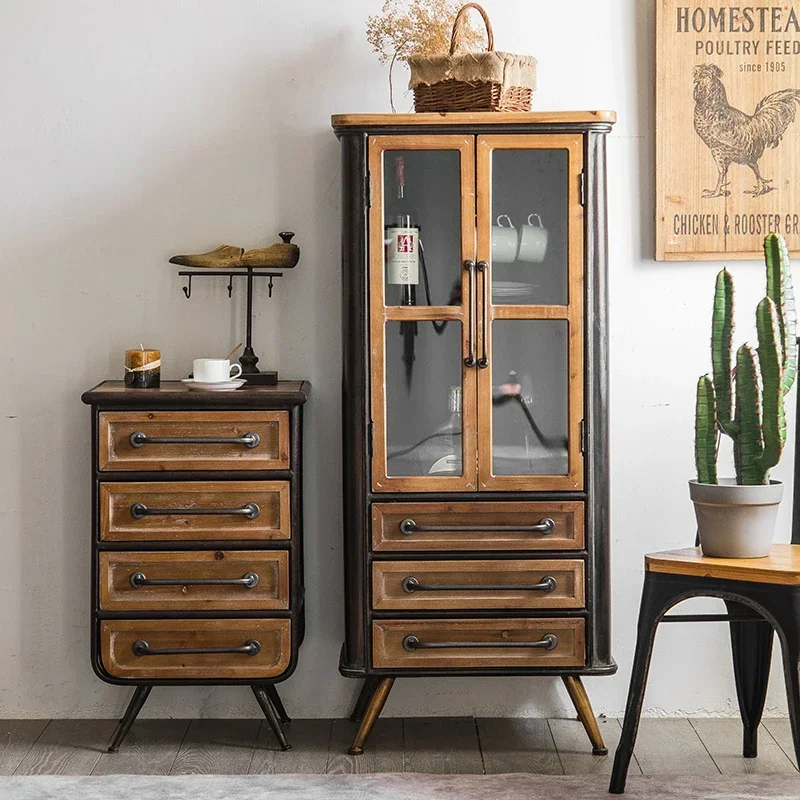 A Against the wall, foyer cabinet, wrought iron locker, living room decoration, solid wood porch table