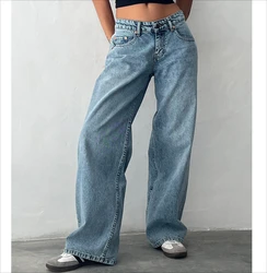 Jeans Women Long Pants Denim Pant Straight Trousers Mom Low Waist Button Pocket Casual Loose Y2k Elegant Autumn Streetwear