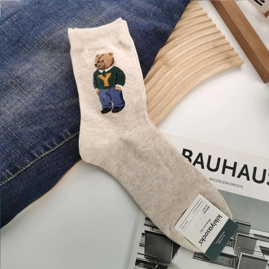 Cute Trendy Cartoon Bear Mid-Calf Cotton Socks for Women Casual Sweater Adult Female Bear Socks Comfortable Breathable Home Wear