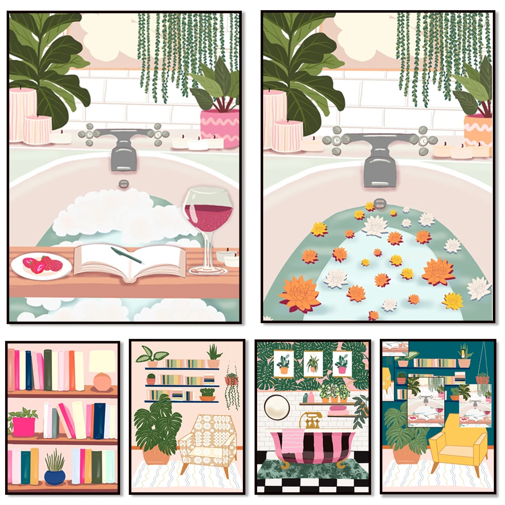

Bathroom scene, palm wall checkered floor, Shelfie, golden armchair, books and plants, bubbles and wine relaxing bath poster