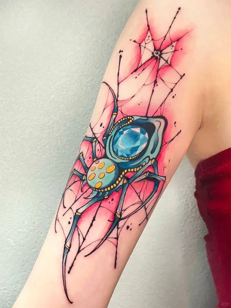 

Spider Blue gemstone Temporary Tattoos Cartoon Body Art Waterproof long-Lasting Fake Tattoo Sticker for Woman Man