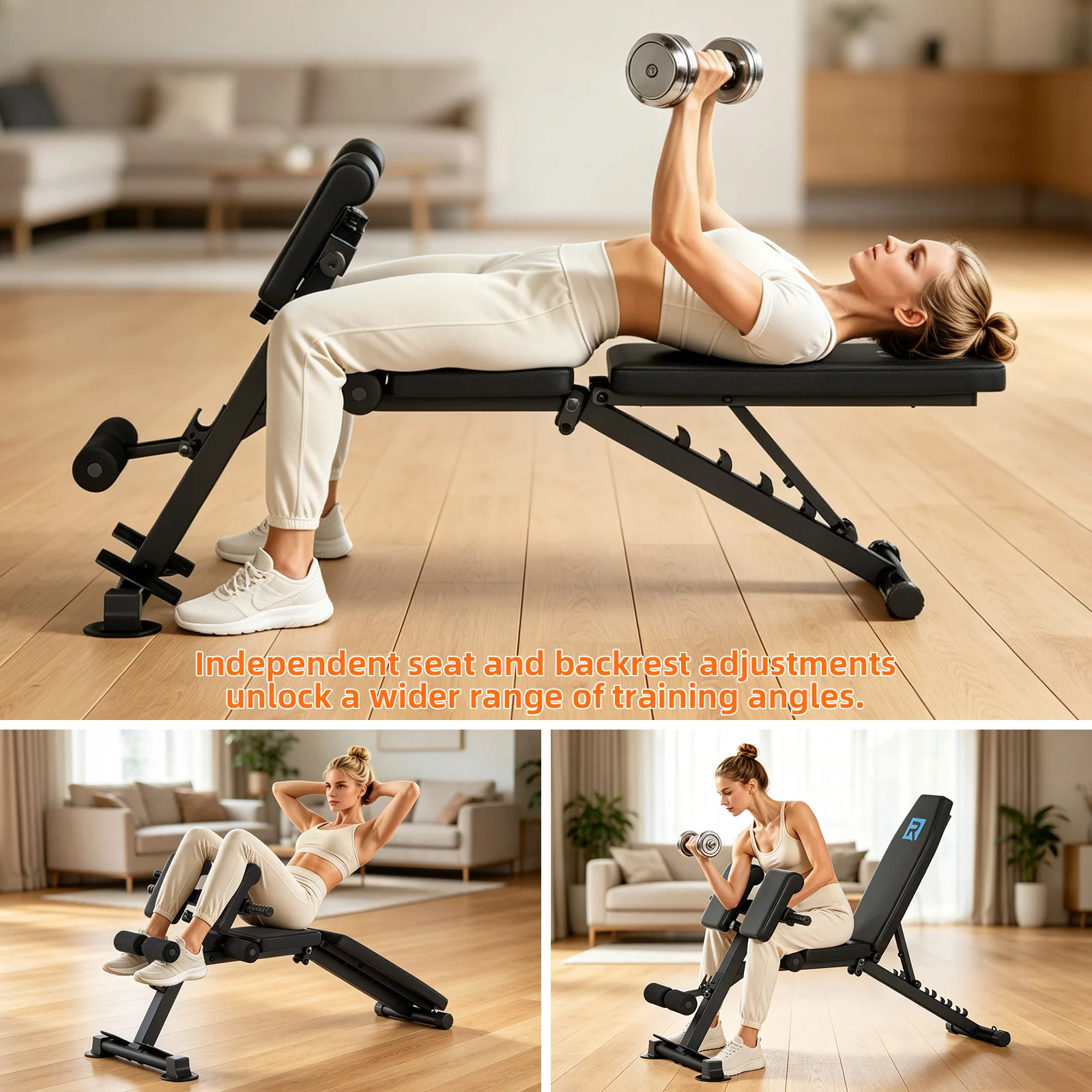 Adjustable Multi-Purpose Home Gym Weight Bench | 10 Gear Seat Adjustment & 6-Grade Backrest Incline | 5mm Heavy Steel Triangular Frame 660L lbs Load Limit | 2 Resistance Bands + Suction Anti-Slip Feet | Full Body Training Dumbbell Workout Bench