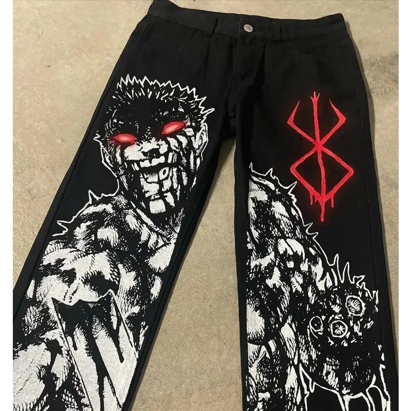 2024 Retro New Jeans Y2K Hip Hop Japanese Animation Personality Pattern Printed Denim Trousers Black High Waisted Wide Leg Jeans