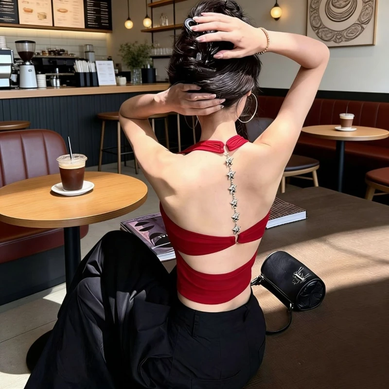 Women Sexy Star Chain Halter Backless Crop Top Summer New Hot Girl Slim Fit Streetwear Going Out Party Clubwear Y2k