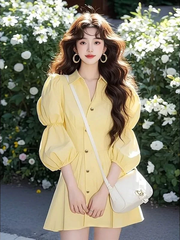 

plus Size Women's Bubble Sleeve Dress Spring Fashion Sweet Short A-Line Skirt Stylish Commute Style Korean Version 300 Pounds