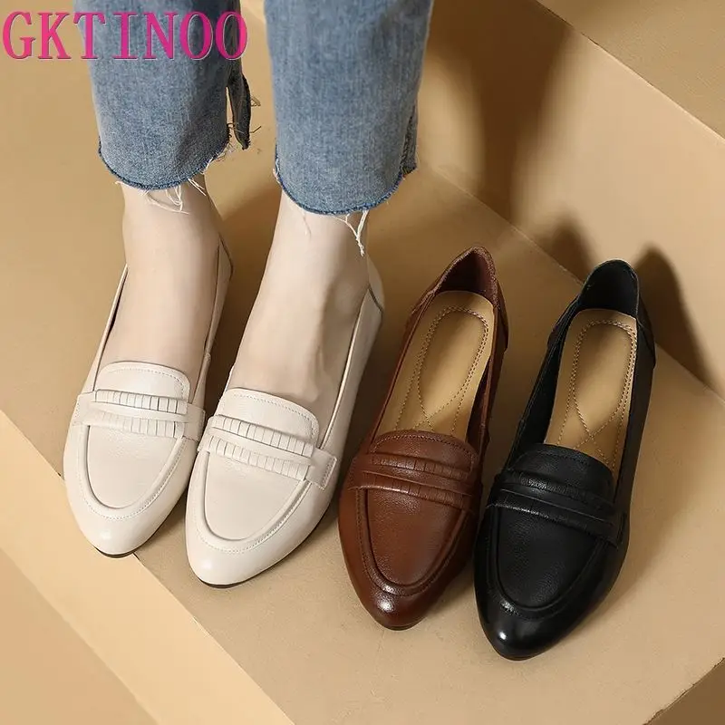 GKTINOO 2024 British Style Genuine Leather Shoes Flat Heel Comfort Soft Sole Comfortable Loafers Mom Shoes Plus Size Women Flats