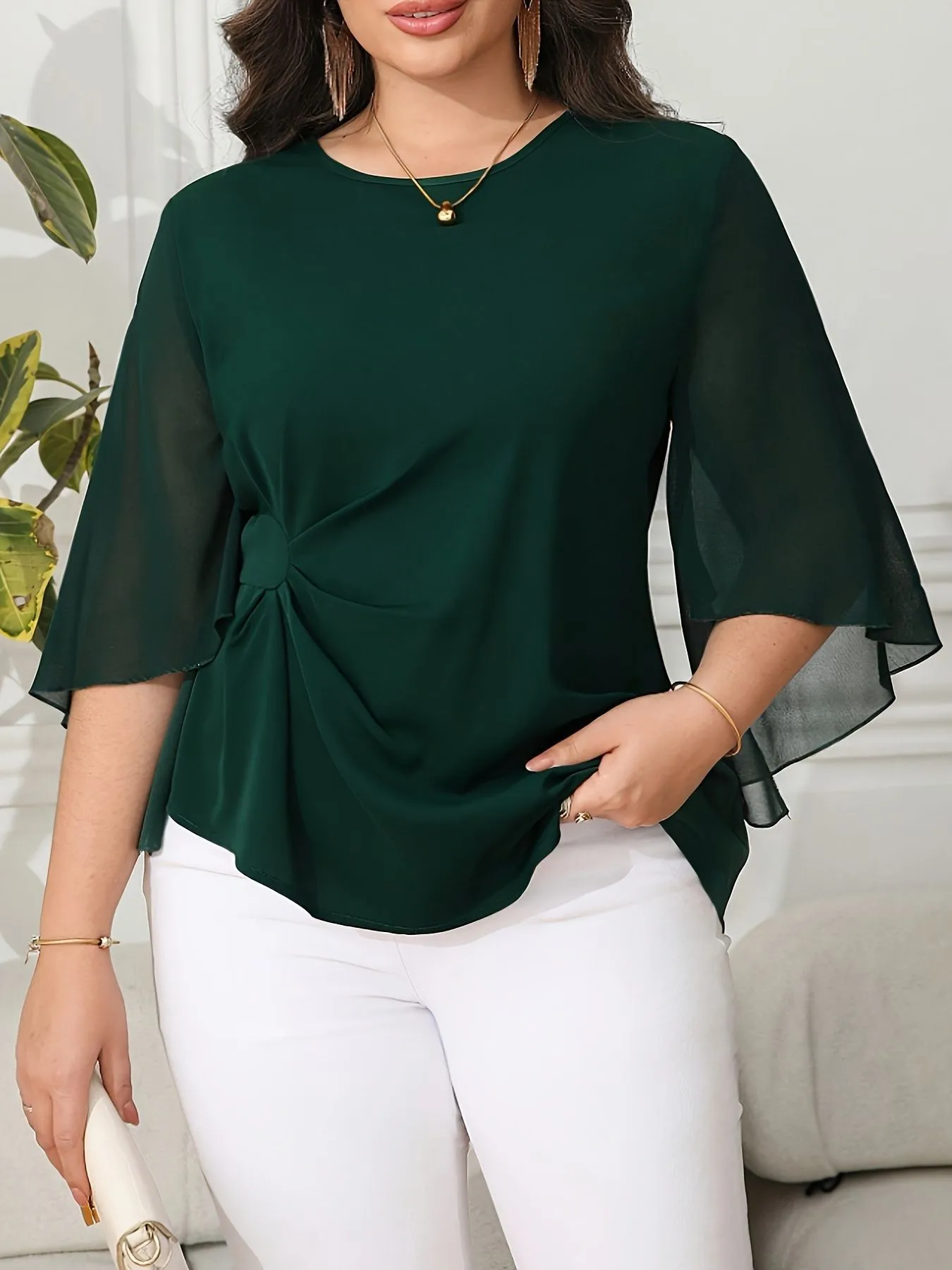 

Summer Women's Blouse Round Neck Cap Sleeve Dark Green Flared Sleeve Chiffon Top Asymmetrical Hem Loose Fit Front Knot Detail