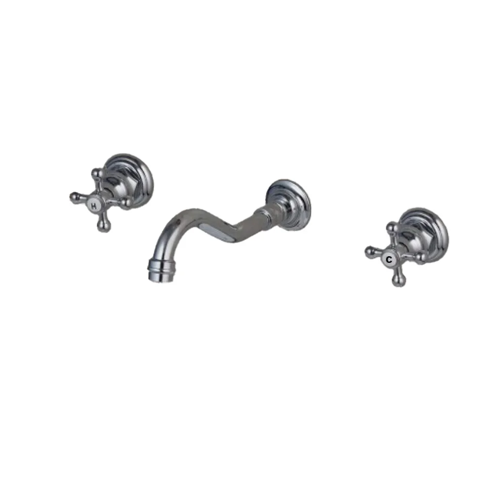 Grifo mezclador para lavabo de bañera de baño de 3 orificios montado en la pared con manijas cruzadas dobles de latón cromado pulido asf493