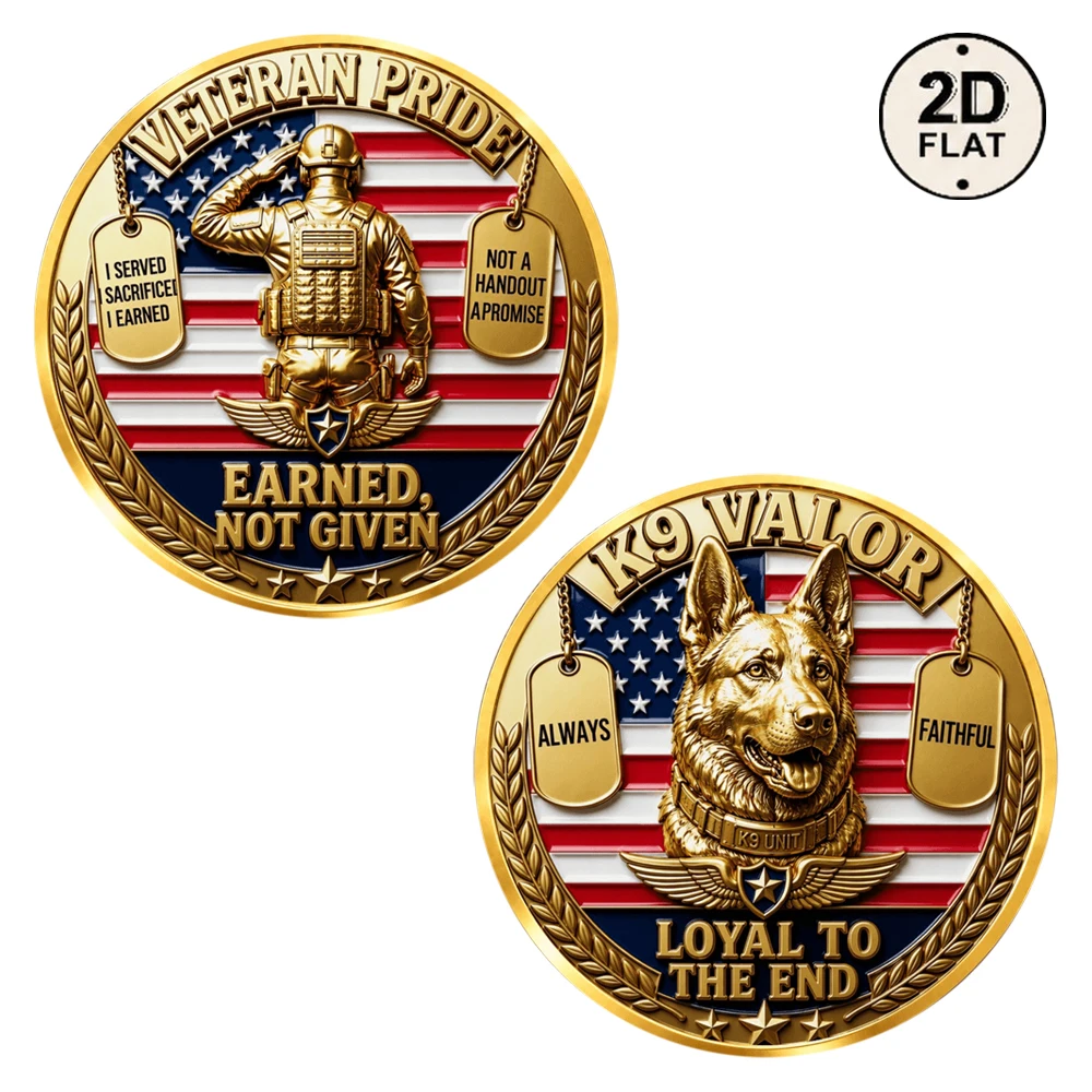 1pc Veteran Pride K9 Valor Challenge Coin Soldier Salute and German Shepherd Dog Collectible Medal Patriotic Souvenir Gifts