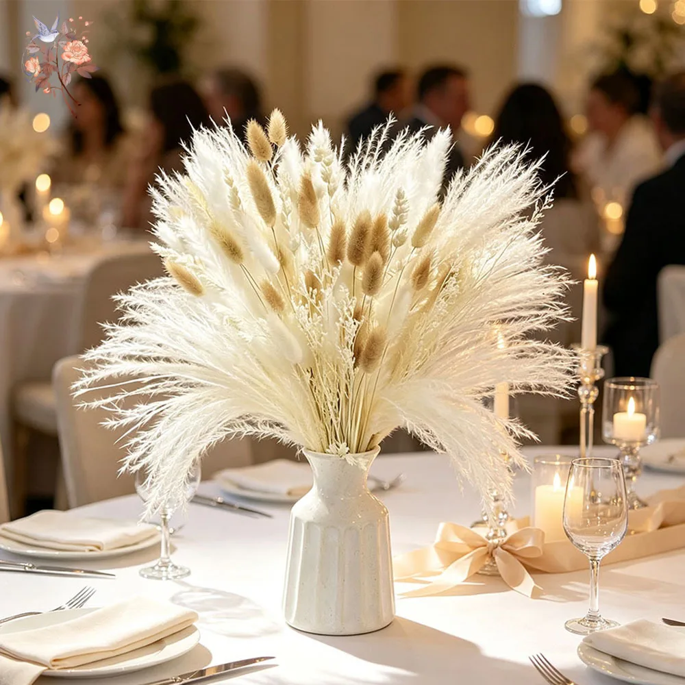 White Natural Dried Pampas Feather Grass Bouquet Flower Arrangement for Vase Filler Farmhouse Wedding Home Table Desktop Decor