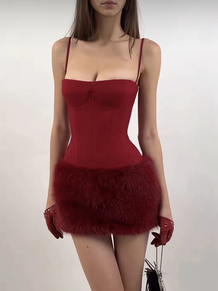 Nibber Pathwork Christmas Sexy Woman Dress Furry Hem Skinny Sleeveless Backless Midnight Suspenders Stylish Classic Mini Bodycon