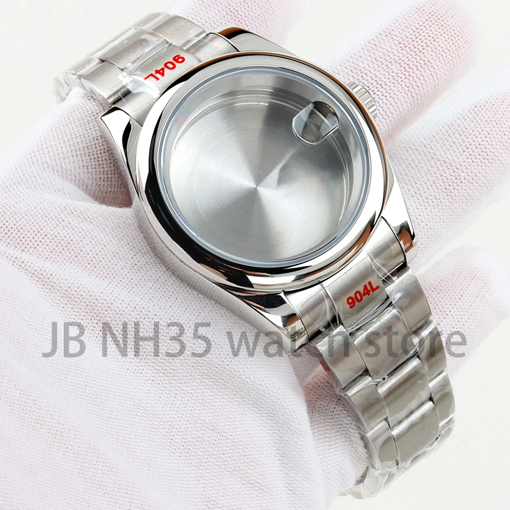 

36mm 39mm Silver Luxury Men's Watch Case Brushed Oyster Strap Sapphire Glass For Datejust Seiko Nh35 Nh36 Movement 28.5mm Dial